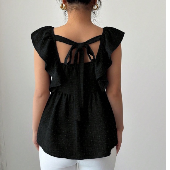 Boho Swiss Dot Ruffle Sleeve Babydoll Blouse - Picture 5 of 6